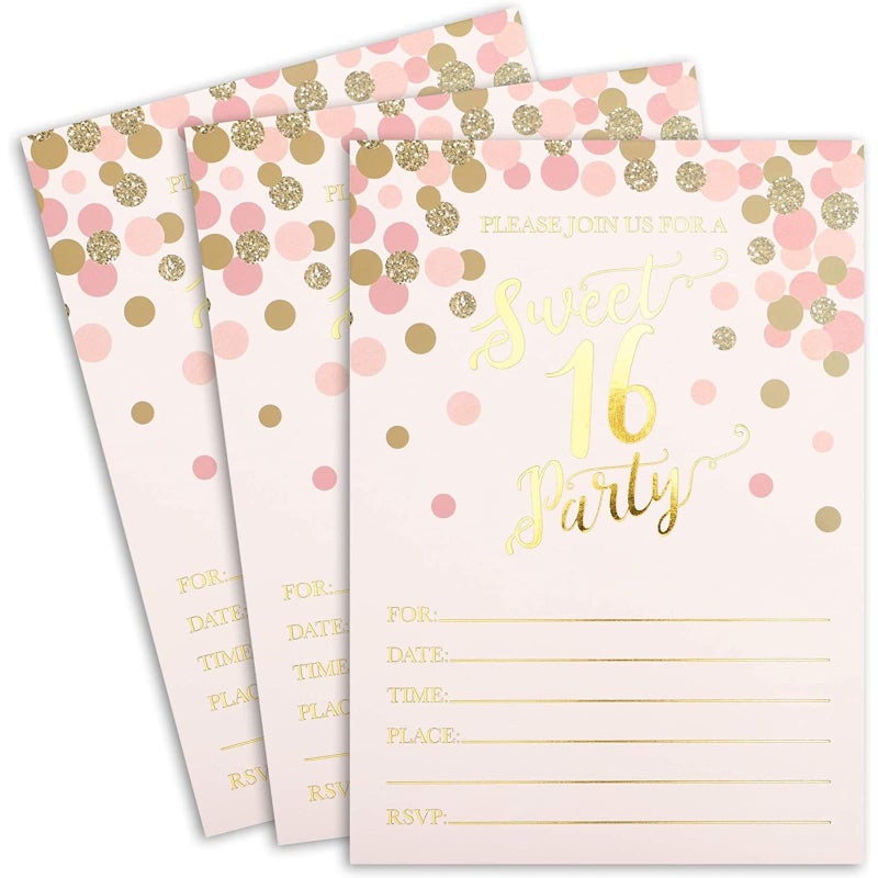 Sparkle and Bash 36-Pack Sweet 16 Birthday Invitations - Pink & Rose Gold Foil, 5 x 7 in - Cardstock Party Invites with Envelopes & Preprinted RSVP - Sweet 16 Party Invitations for Girls - Image 1